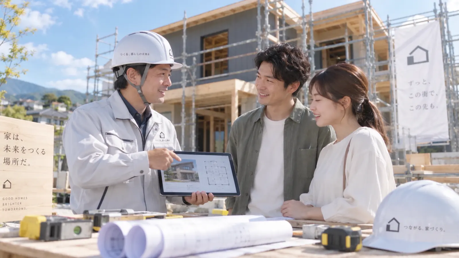 現場監督がタブレットでご夫婦に建築中の家を説明する様子