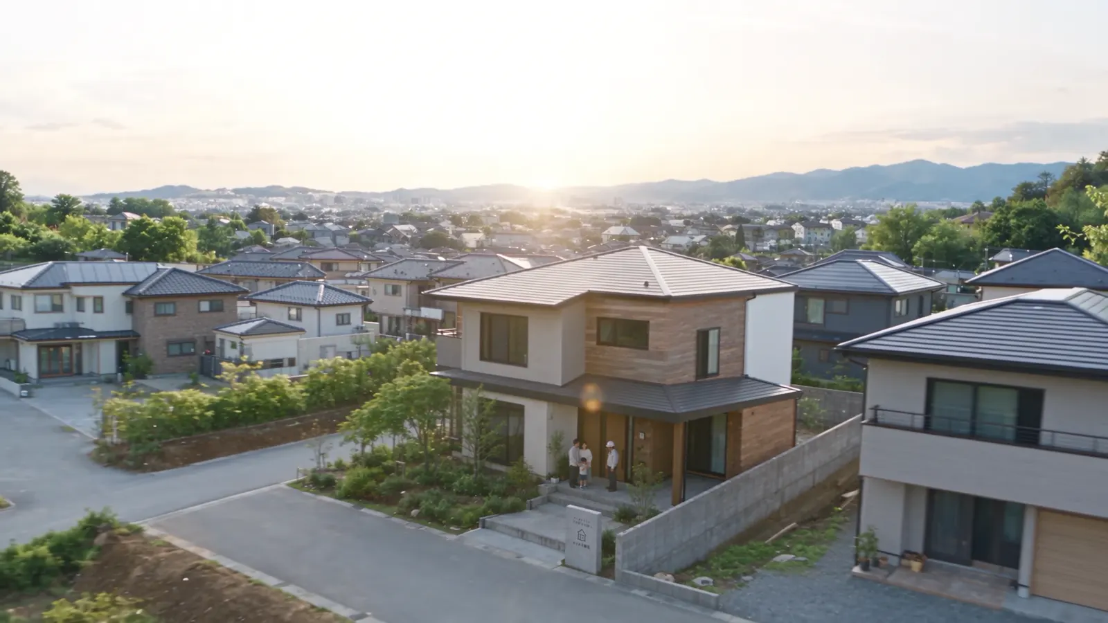 夕方の光に包まれた完成した住まい