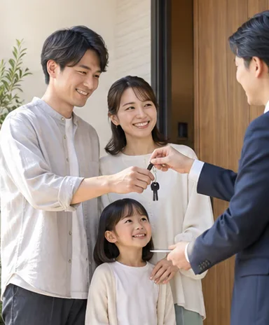 新居の玄関で家族に鍵を手渡す様子